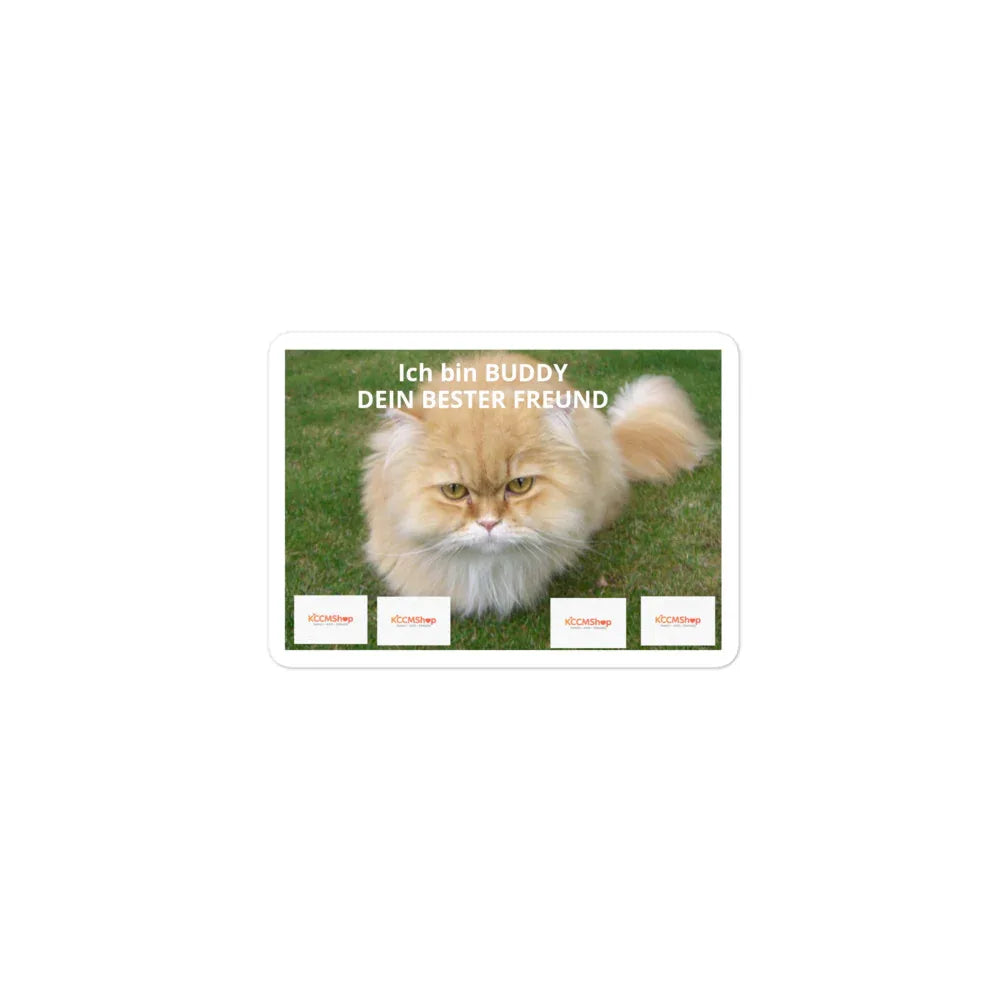 Aufkleber mit Kater Buddy – blasenfrei, hochwertiges Vinyl, einfach aufkleben. Titelfigur aus Kater Pinos Welt. Geschenk für Kinder & Katzenfreunde. Jetzt im KCCMShop.de