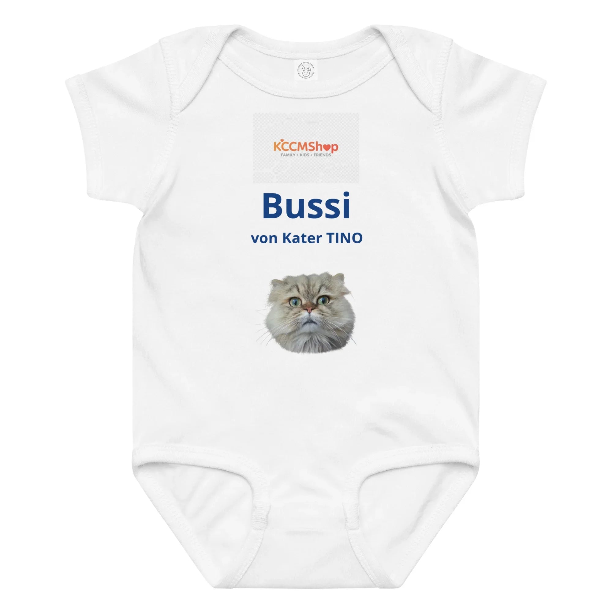 Baby-Jersey-Body Bussi, weiß, mit Kater Tino - weiches Baumwoll-Baby-Body | KCCMShop.de