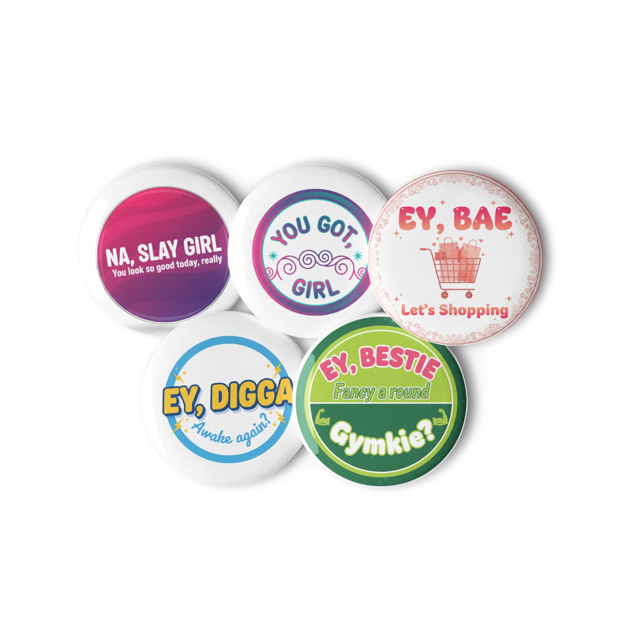 Button-Set - Das CRAZY-Produktgruppe mit aktuellen Jugendworten: NA Slay, You got Girl, EY BAE, EY Digga, Bestie. Stylische Anstecker für Jacke & Tasche. Jetzt bei KCCMShop.de!

