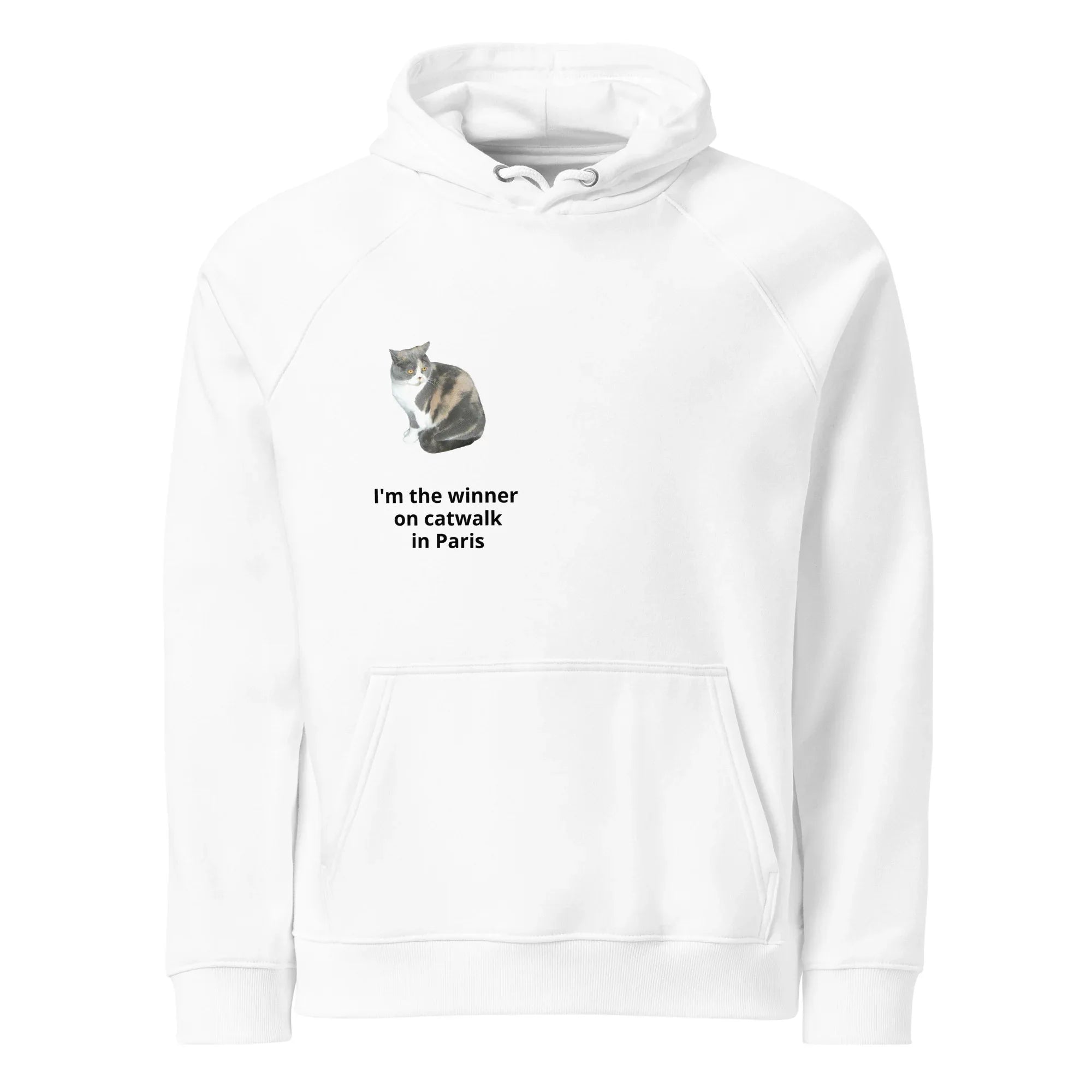 Hoodie Raglan-Stil - Design Kätzchen Nicki on Catwalk - Titelfigur aus Kater Pinos Welt voller Abenteuer - Nachhaltig, bequem, stylisch & BIO. Jetzt bei 