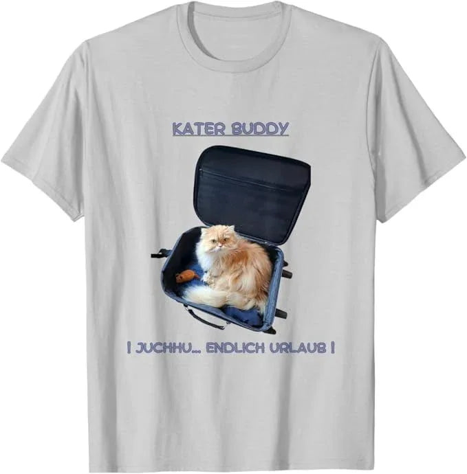 T-Shirt Kater Buddy will verreisen – Titelfigur aus Kinderbuch Kater Pinos Welt voller Abenteuer