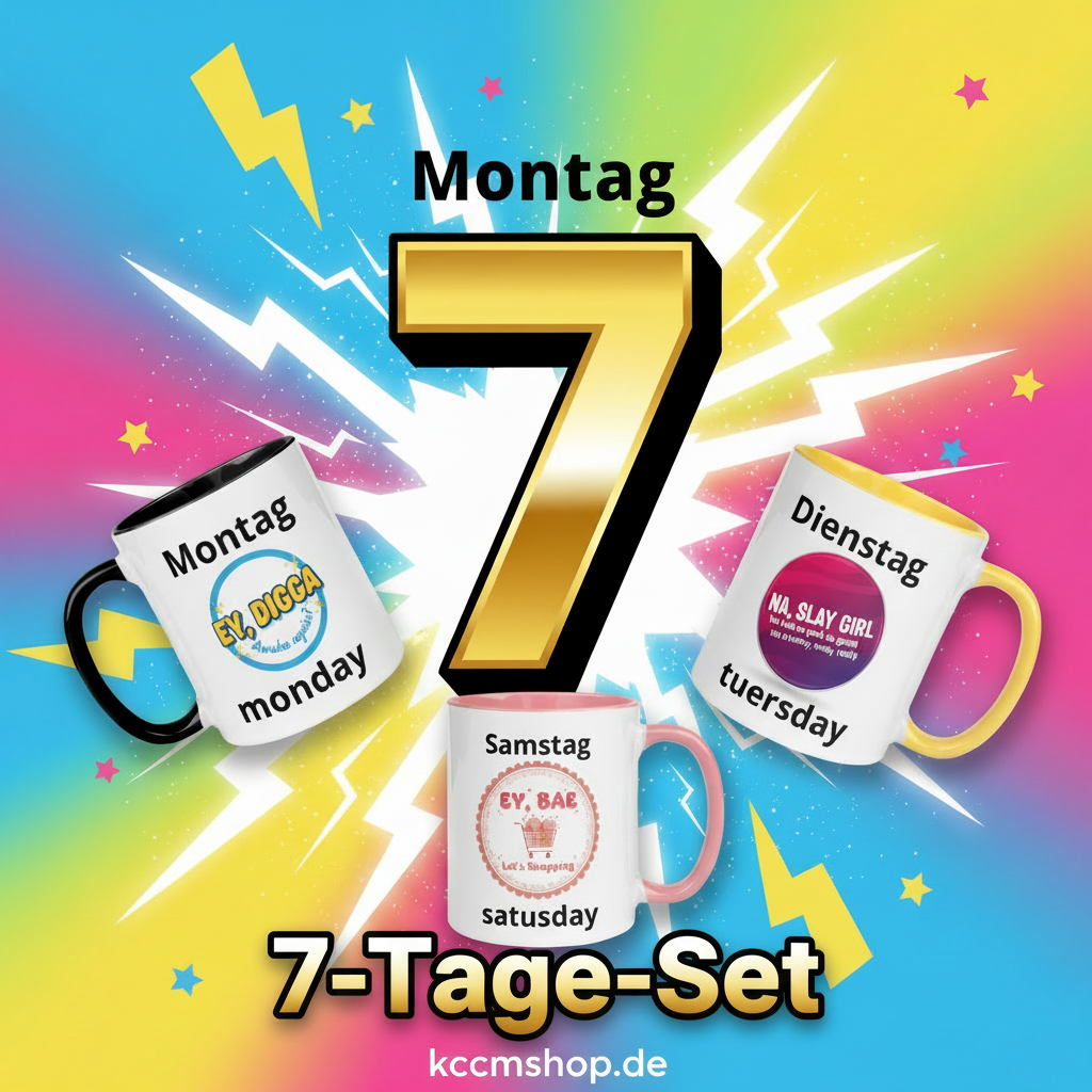 Tassen-Set - Alle 7 Tassen aus Das CRAZY-Produktgruppe – spare über 20% im Bundle! Witzige Jugendwort-Tassen für jeden Tag. Perfektes Geschenk. Jetzt bei KCCMShop.de!