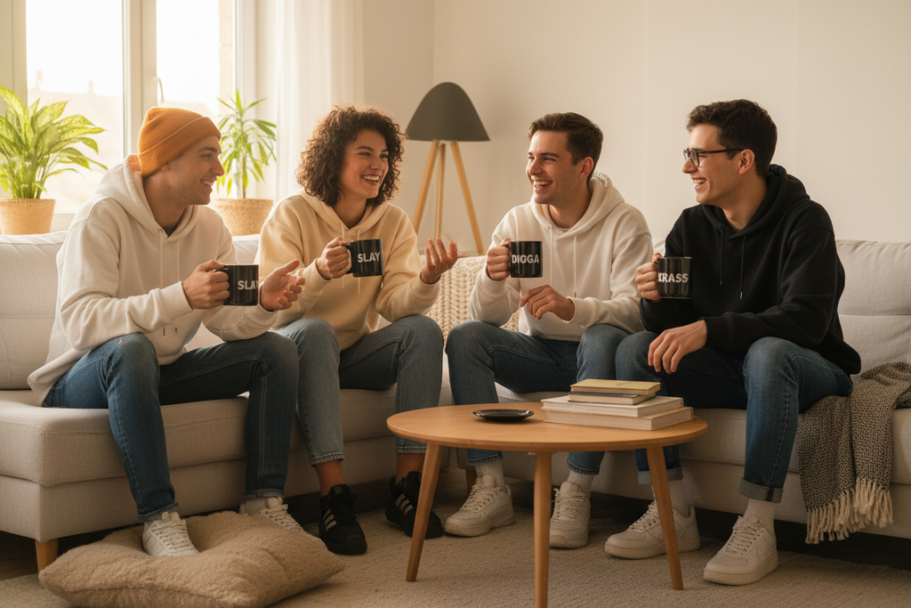 Tassen aus der Das CRAZY-rpduktgruppe - Freunde-Foto: „Freunde mit Das CRAZY Jugendwort-Tassen – SLAY, DIGGA, BESTIE – Geschenkidee – KCCMShop"